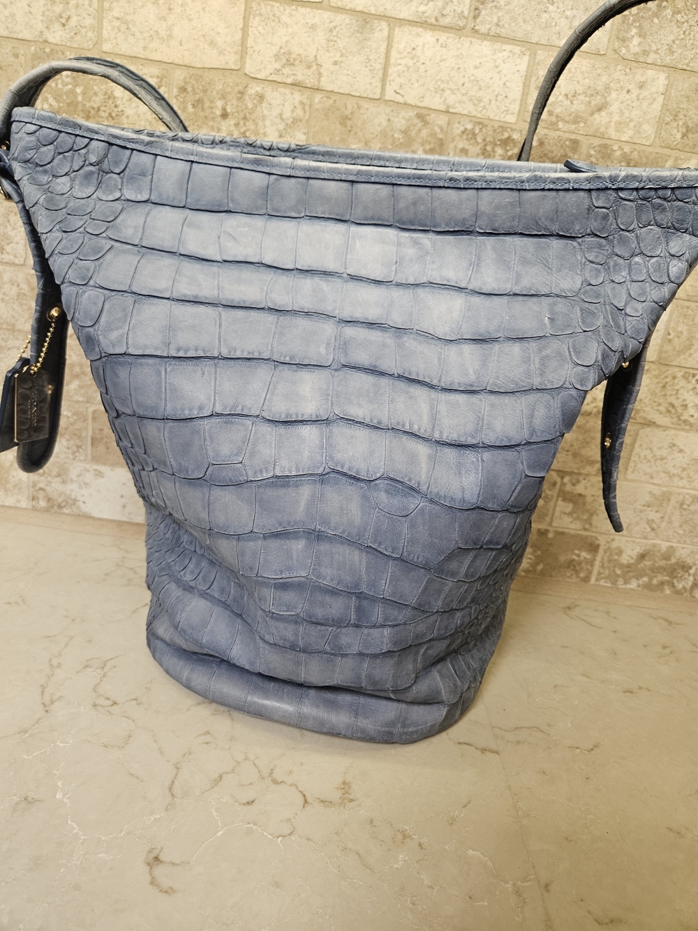 Coach Blue Denim Croc-Embossed Leather Bucket Bag - Picture 4 of 11